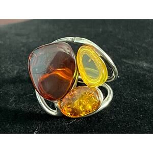 VTG Sterling Silver Baltic Amber 3 Stone Adjustable Ring Retro Hippie Boho